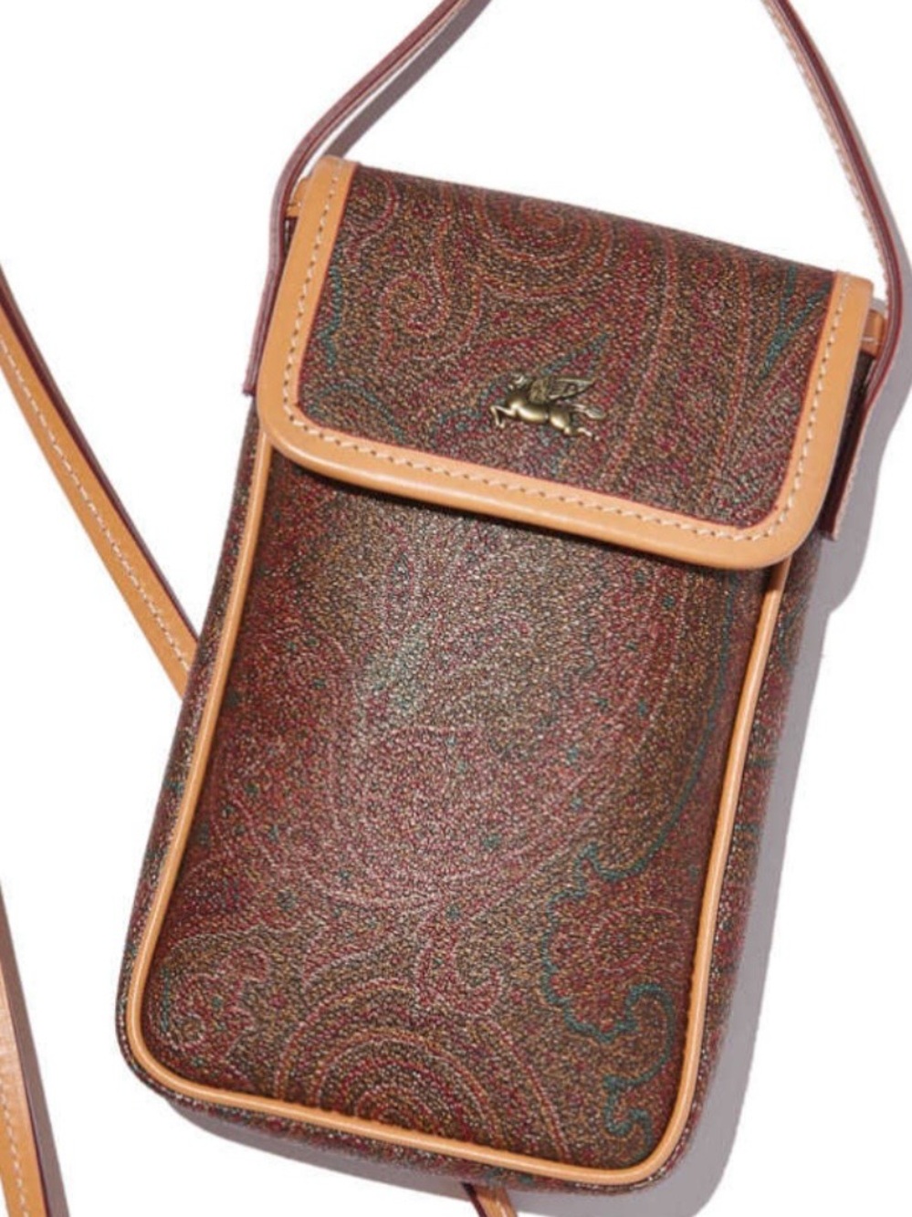 Etro Paisley Phone Crossbody in Brown with Tan Trim